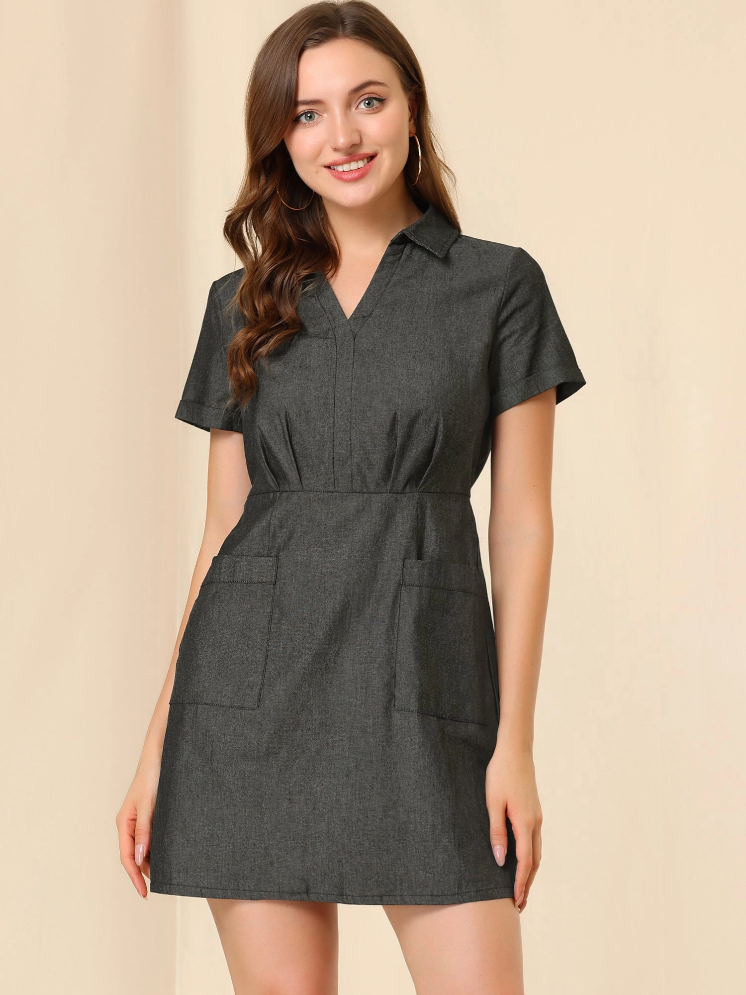 Chambray Collared V Neck A-Line Shirt Denim Dress with Pockets