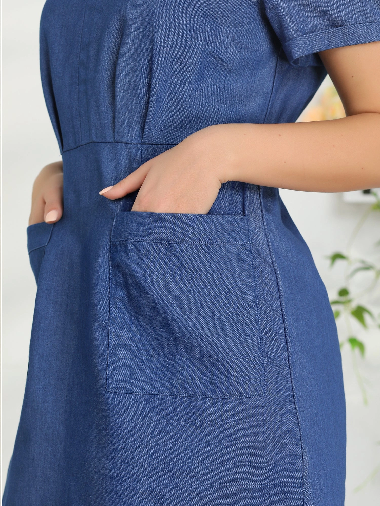 Chambray Collared V Neck A-Line Shirt Denim Dress with Pockets