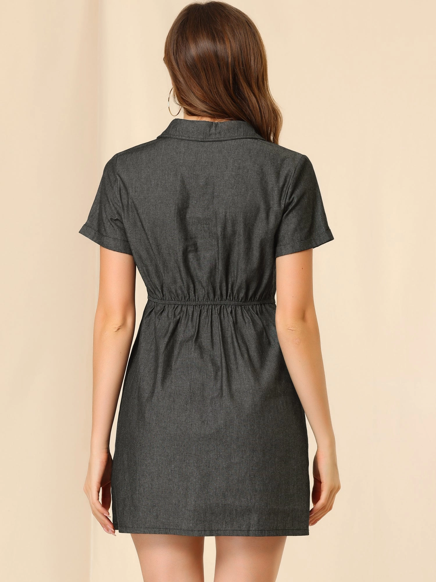 Chambray Collared V Neck A-Line Shirt Denim Dress with Pockets