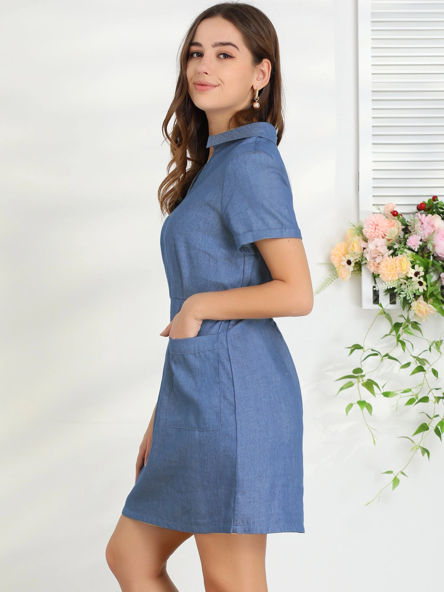 Chambray Collared V Neck A-Line Shirt Denim Dress with Pockets