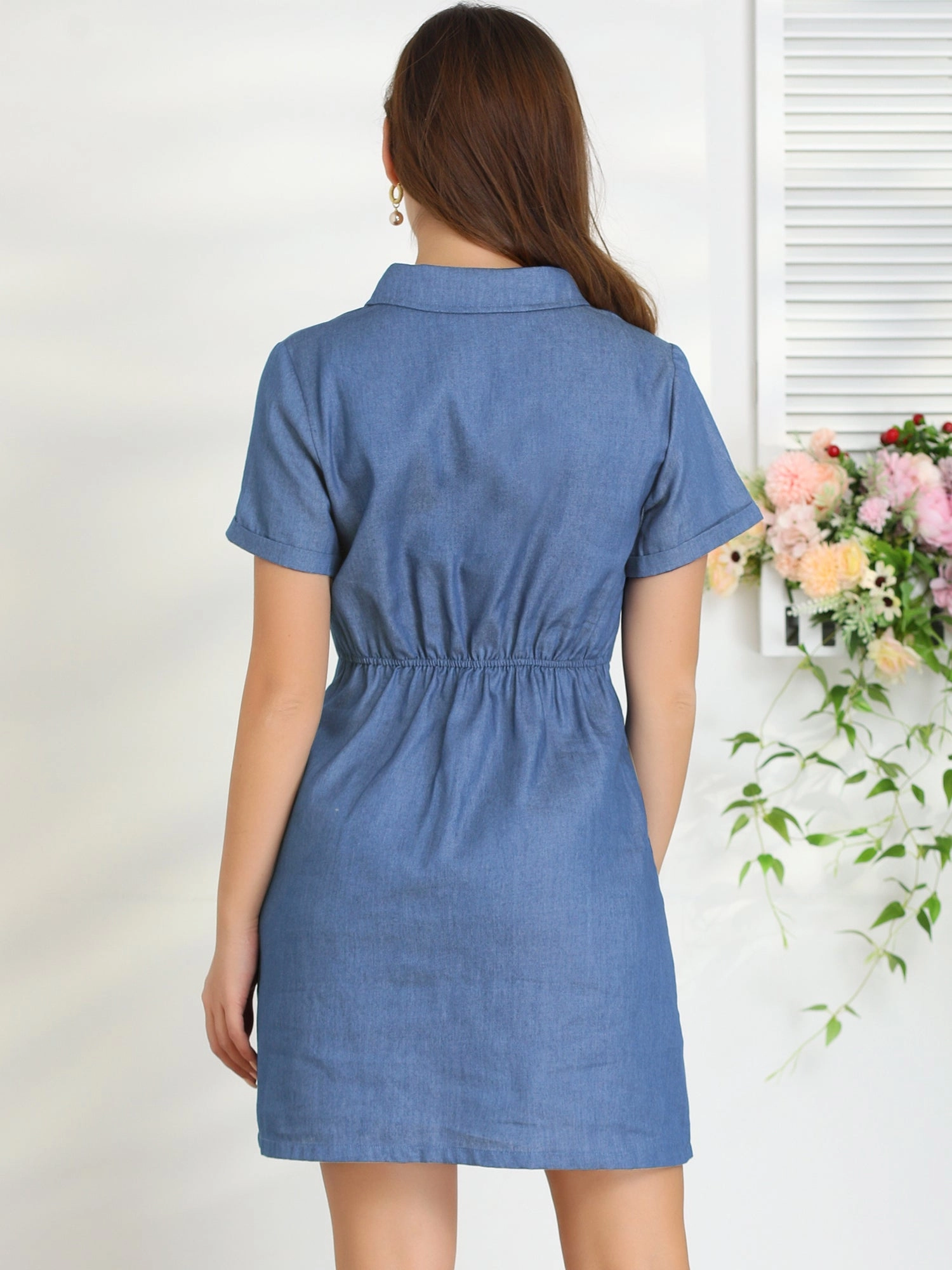 Chambray Collared V Neck A-Line Shirt Denim Dress with Pockets
