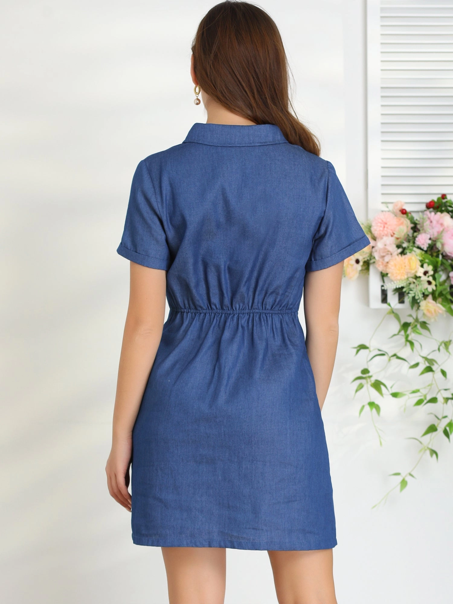 Chambray Collared V Neck A-Line Shirt Denim Dress with Pockets
