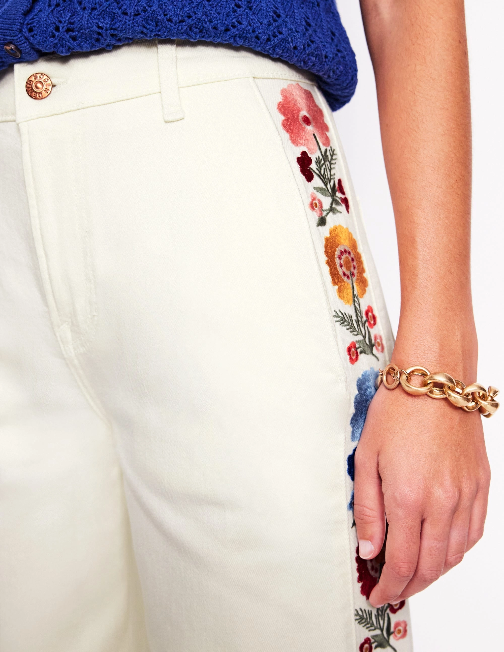 Cropped Embroidered Jeans-Ivory Embroidery