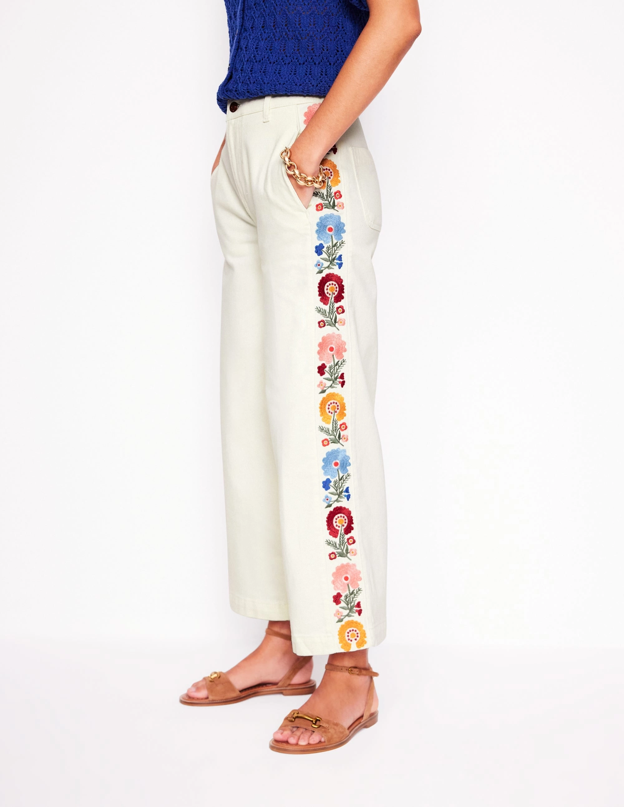Cropped Embroidered Jeans-Ivory Embroidery