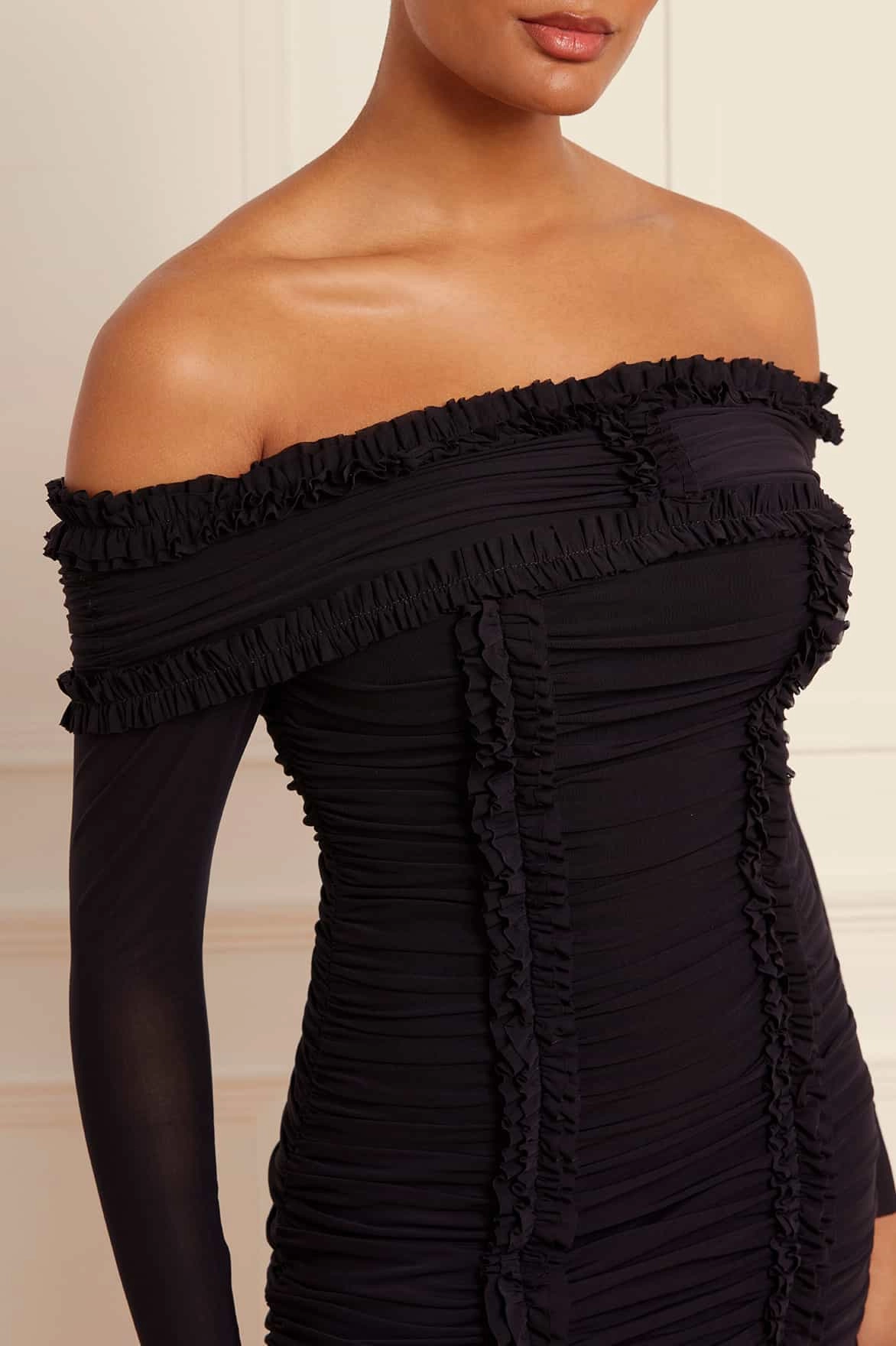 Ebony Rouched Off-Shoulder Ballerina Dress