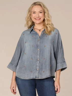 Three Quarter Sleeve Button Front Embellished Plus Size Knit Top