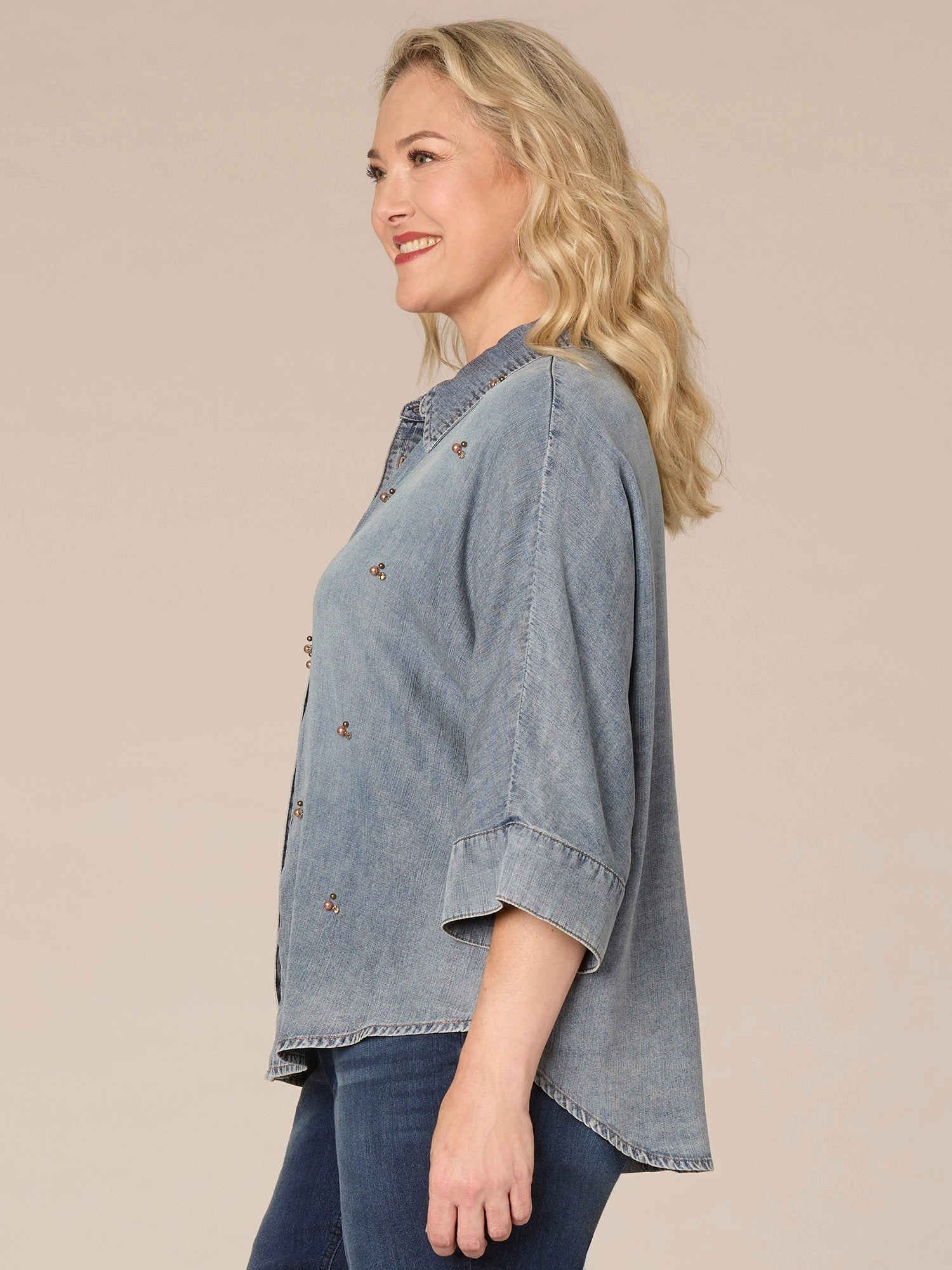Three Quarter Sleeve Button Front Embellished Plus Size Knit Top