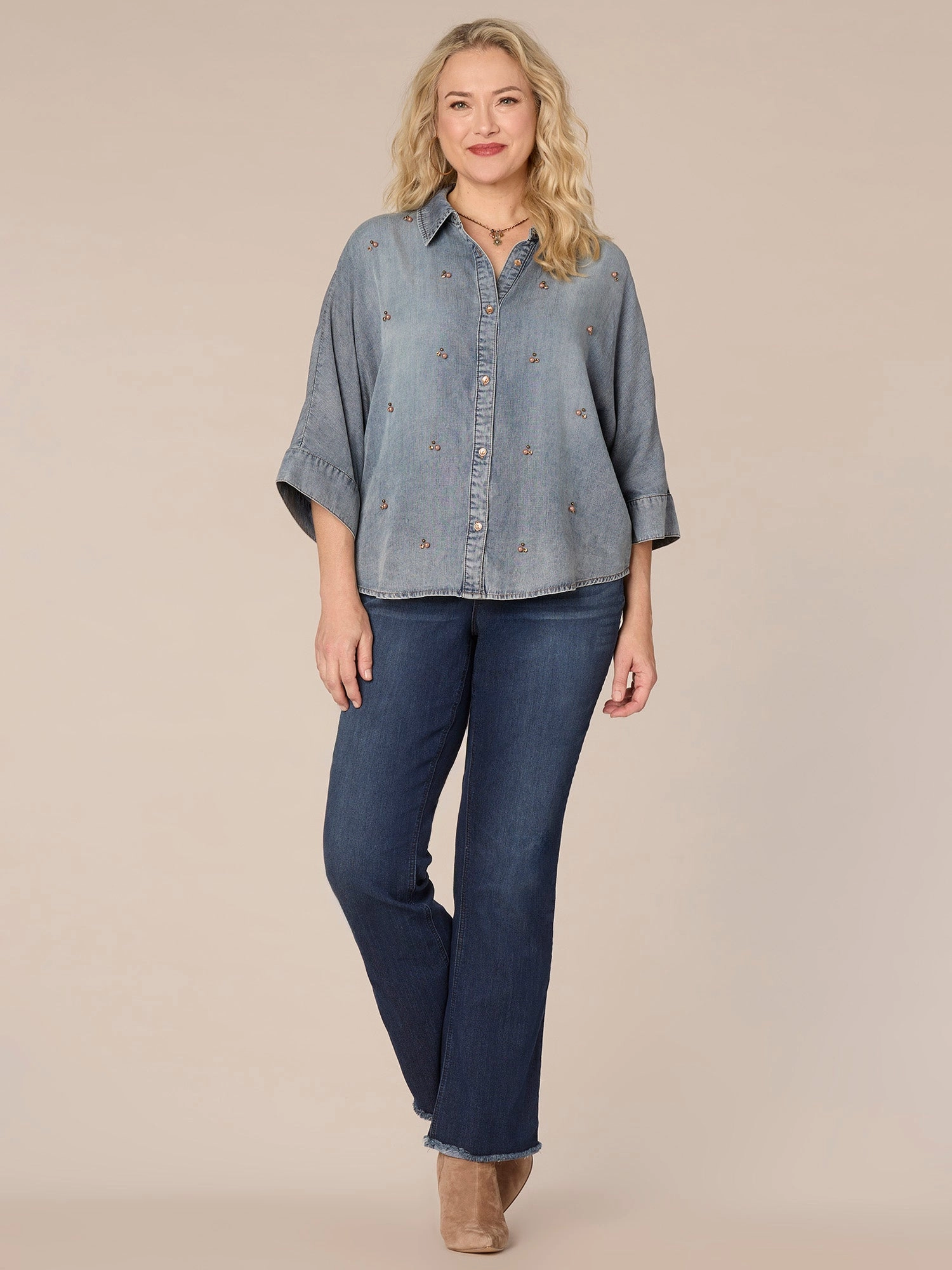Three Quarter Sleeve Button Front Embellished Plus Size Knit Top