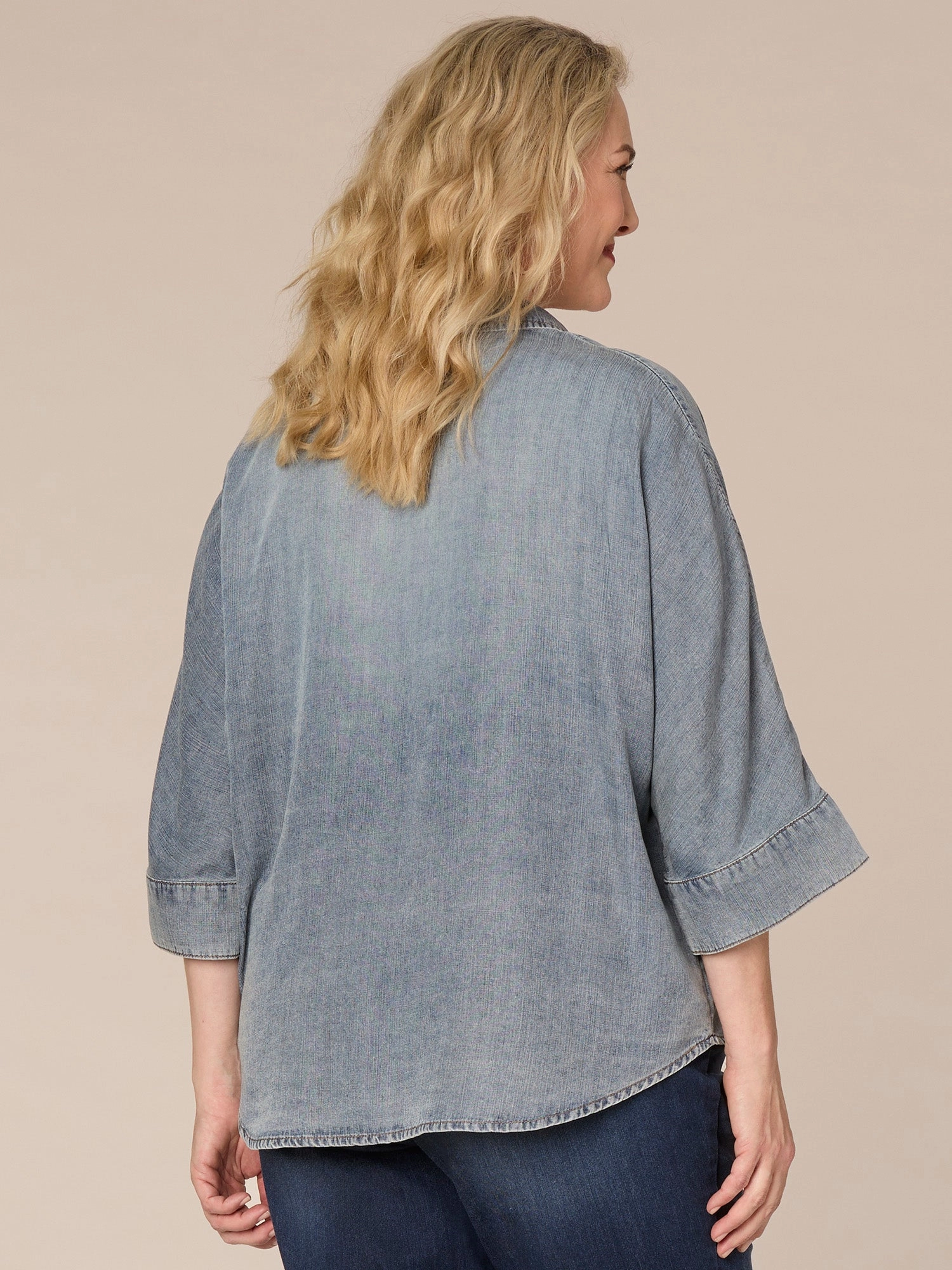 Three Quarter Sleeve Button Front Embellished Plus Size Knit Top
