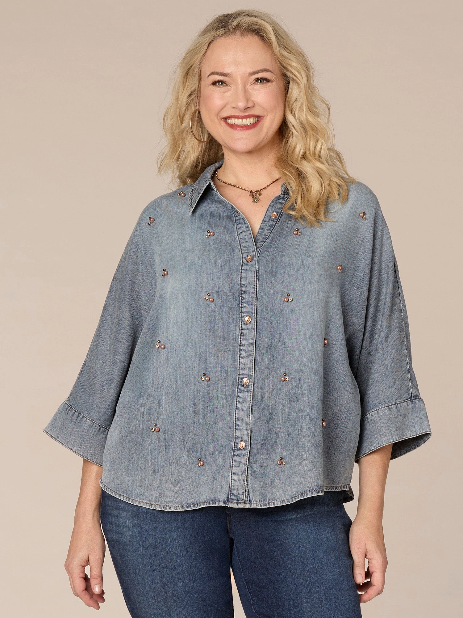 Three Quarter Sleeve Button Front Embellished Plus Size Knit Top