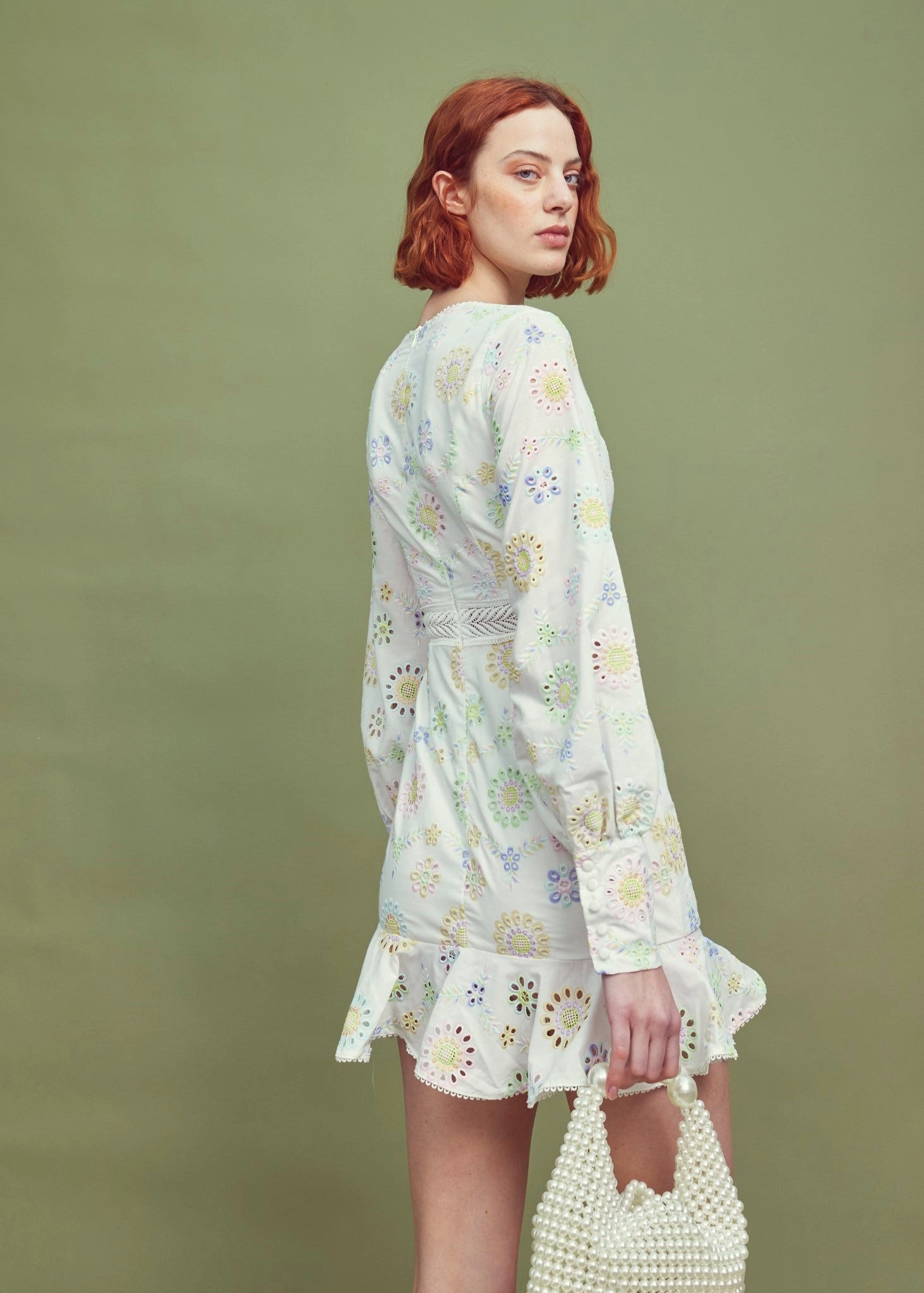 White-Pastel Broderie Long Sleeve Mini Dress
