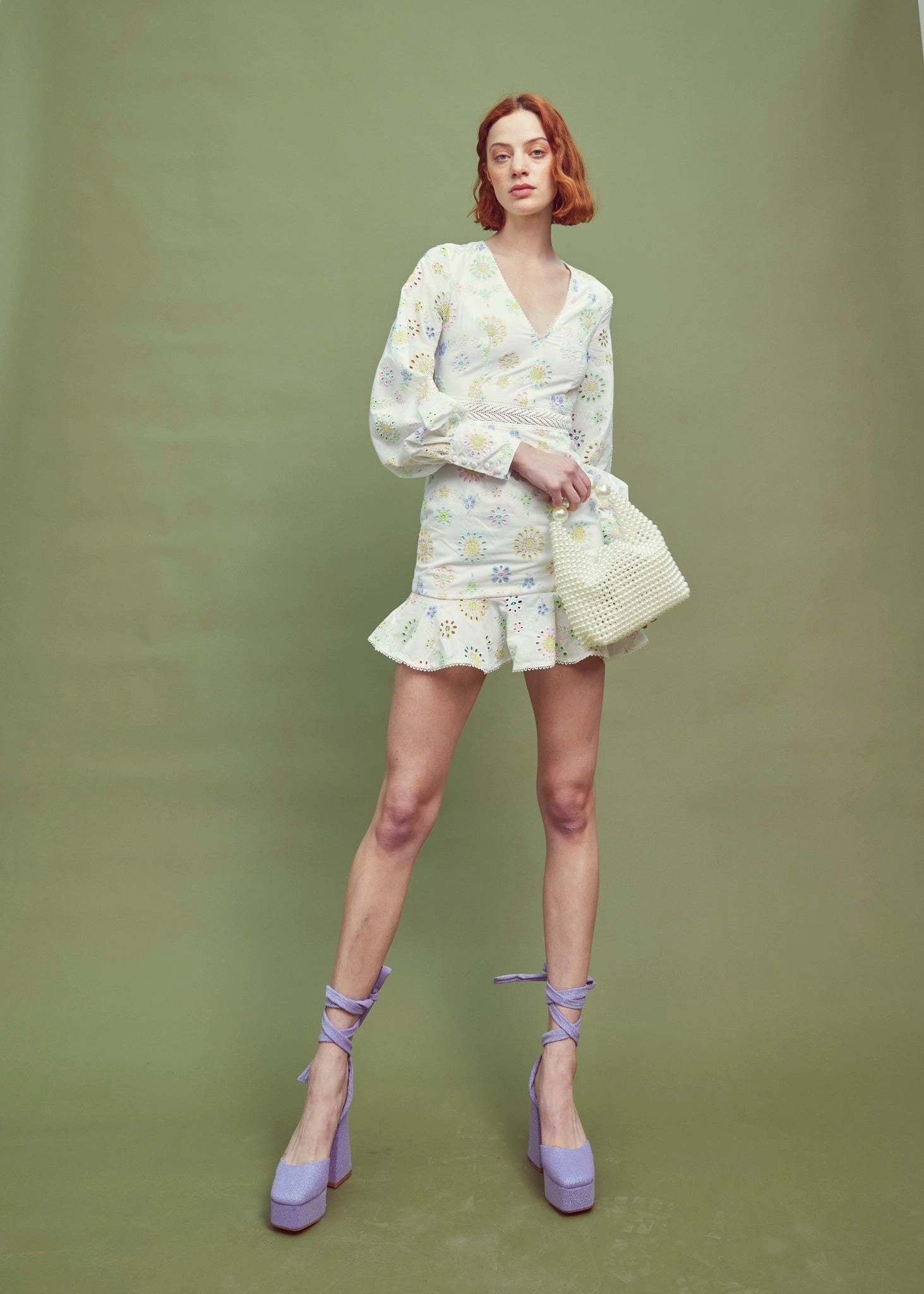 White-Pastel Broderie Long Sleeve Mini Dress