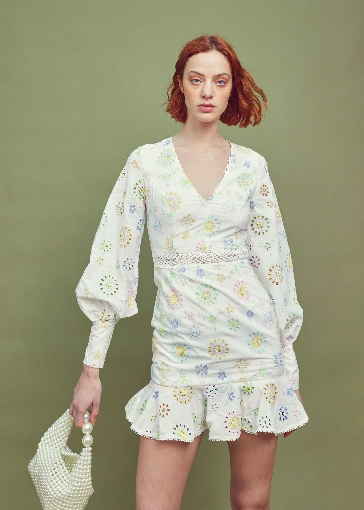White-Pastel Broderie Long Sleeve Mini Dress