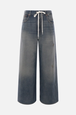 wide-leg denim jeans with drawstring