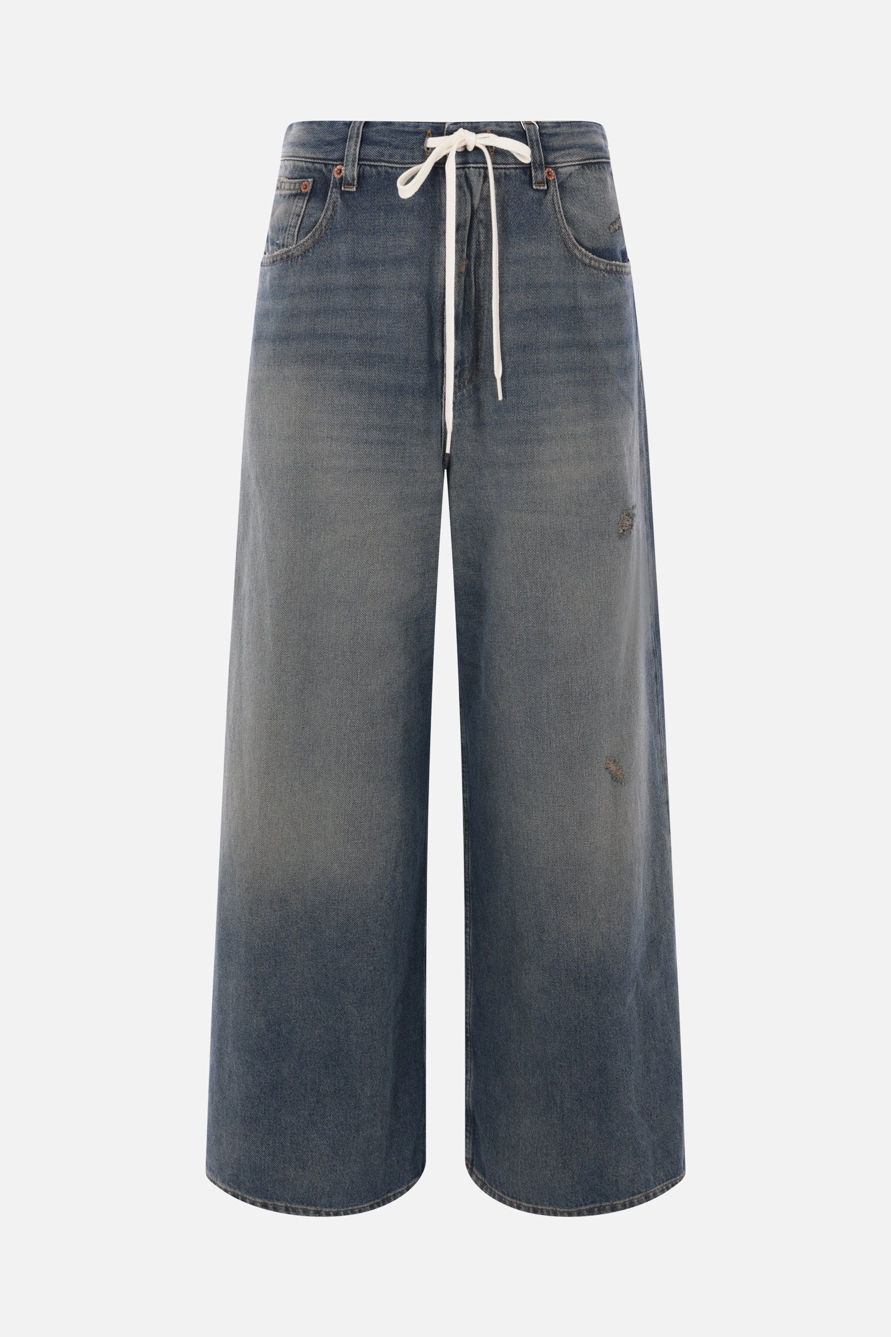 wide-leg denim jeans with drawstring